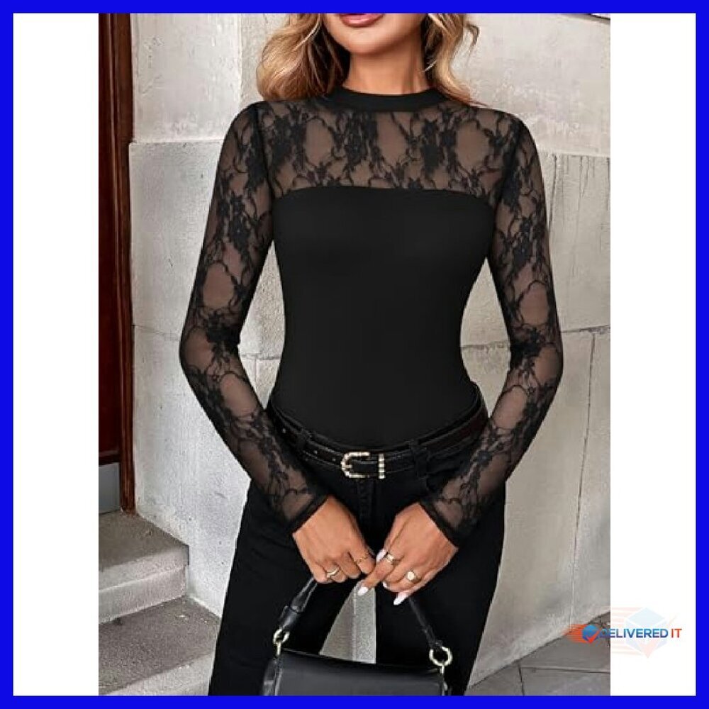 Long Sleeve Lace Mesh Blouse Sheer Crew Neck Sexy Going Out Top - Picture 5 of 8